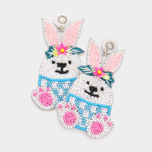Seed Bead Easter Bunny Earring in White