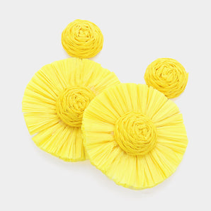 Raffia Flower Dangle Earrings in Yellow