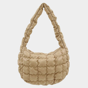 Faux Leather Quilted Puffer Bag in Beige