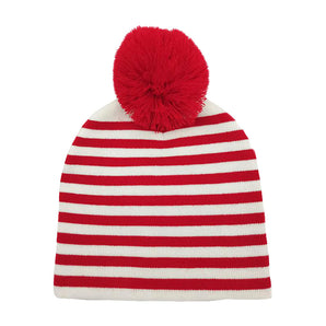 Striped Pom Pom Hat in Red