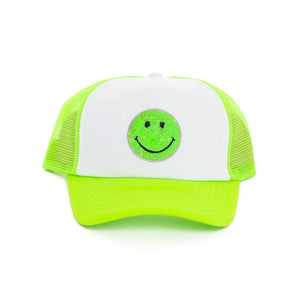Sequin Smiley Trucker Hat in Neon Green