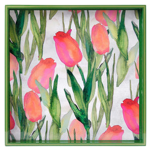 15" Square Tray in Pink Tulips