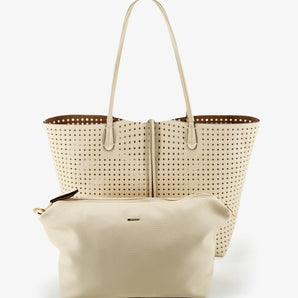 Departure Perforated Tote in Cream/Taupe