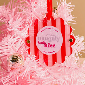 Scalloped Round Frame Ornament in Peppermint Stripes