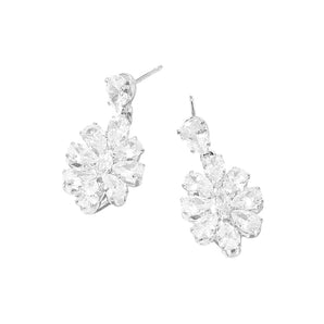 Flower CZ Stone Cluster Dangle Evening Earrings