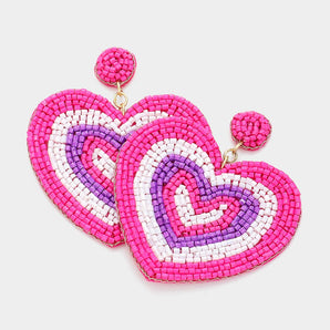 Seed Bead Heart Earring in Neon Pink