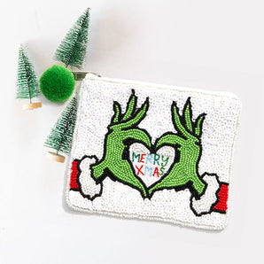 Grinch Hand Seed Bead Mini Pouch