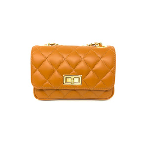 Quilted Chain Leather Crossbody in Camel