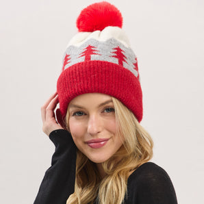 Pine Tree Pom Pom Hat in Red