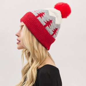 Pine Tree Pom Pom Hat in Red