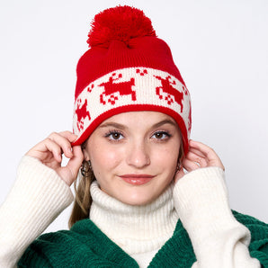Reindeer Pom Pom Hat in Red