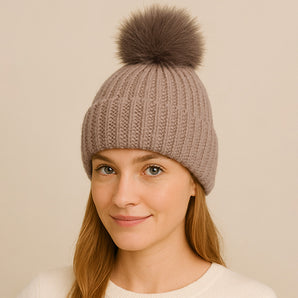 Knit Pom Pom Hat in Camel