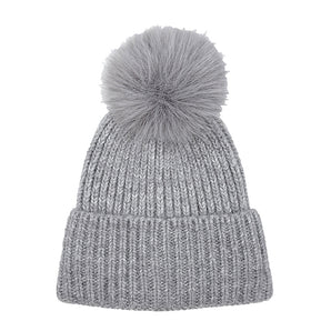 Knit Pom Pom Hat in Grey