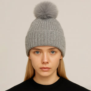 Knit Pom Pom Hat in Grey