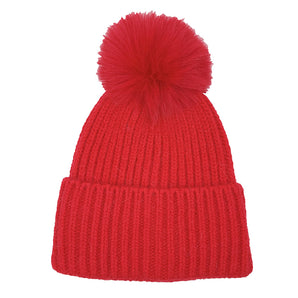 Knit Pom Pom Hat in Red