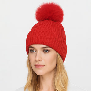 Knit Pom Pom Hat in Red