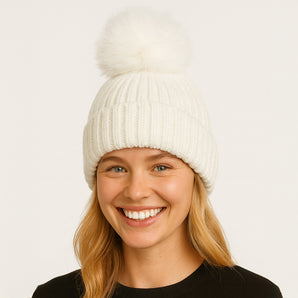 Knit Pom Pom Hat in White