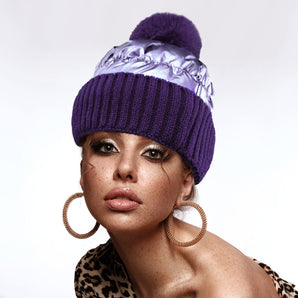 Puffer Knit Pom Pom Hat in Purple