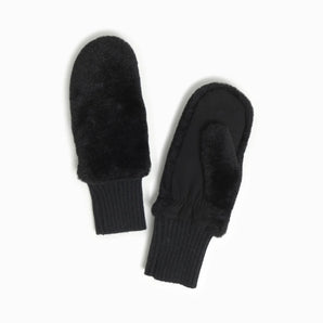 Faux Fur Knit Cuff Mittens in Black