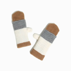 Color Block Knit Mittens in Camel