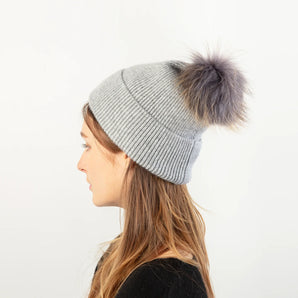 Knit Pom Pom Hat in Light Grey