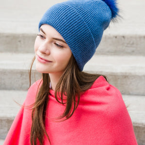 Knit Pom Pom Hat in Blue