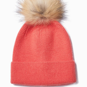 Knit Pom Pom Hat in Coral