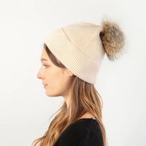 Knit Pom Pom Hat in Ivory
