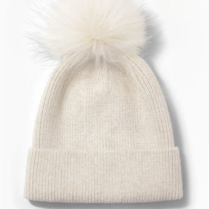 Knit Pom Pom Hat in Ivory