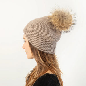 Knit Pom Pom Hat in Taupe
