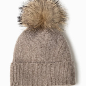 Knit Pom Pom Hat in Taupe