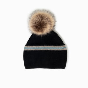 Stripe Pom Pom Hat in Black