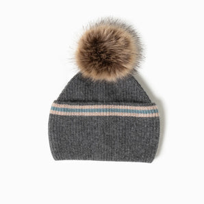 Stripe Pom Pom Hat in Grey