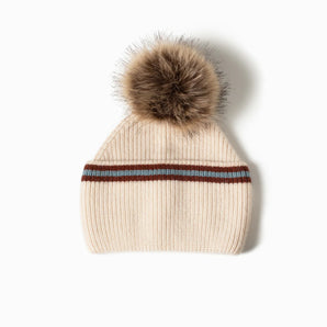 Stripe Pom Pom Hat in Ivory