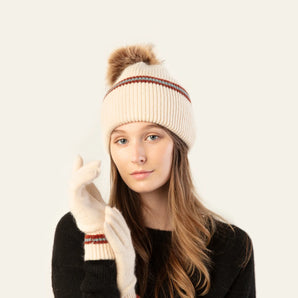 Stripe Pom Pom Hat in Ivory