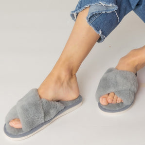 Faux Fur Slippers in Grey