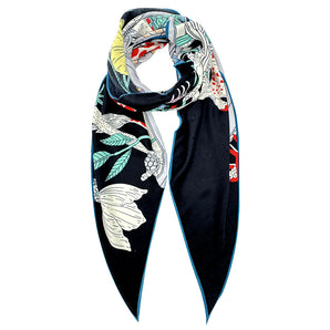 Vibrant Floral and Animal Printed Triangle Shape Scarf in Black