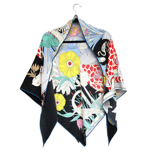 Vibrant Floral and Animal Printed Triangle Shape Scarf in Black