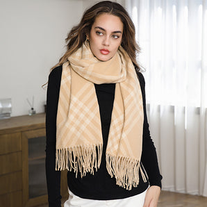 Plaid Fringe Scarf in Beige