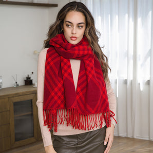 Plaid Fringe Scarf in Red