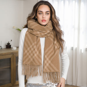 Plaid Fringe Scarf in Tan