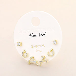 3 Pair Pave Stud Earring Set