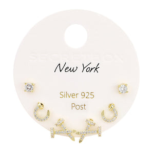 3 Pair Pave Stud Earring Set