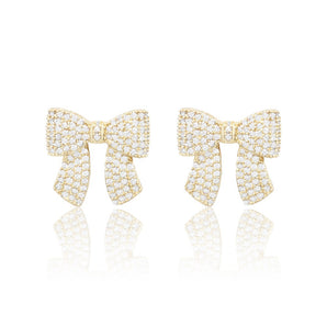 Gold Dipped CZ Stone Paved Bow Stud Earrings