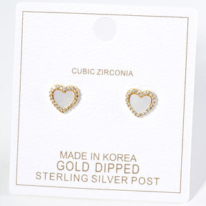 Gold Dipped CZ Stone Paved Rim Heart Stud Earrings