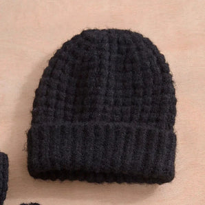 Wool Blend Waffle Knit Hat in Black