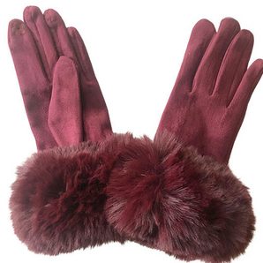 Faux Fur Trim Gloves in Burgundy