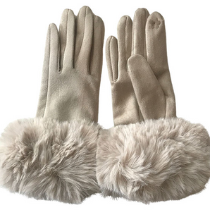 Faux Fur Trim Gloves in Cream