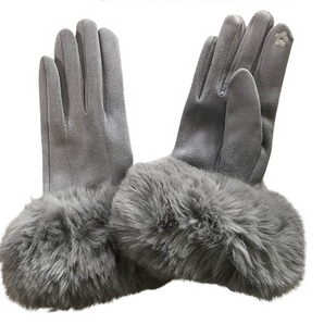 Faux Fur Trim Gloves in Light Grey