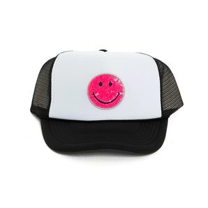 Sequin Smiley Trucker Hat in Black